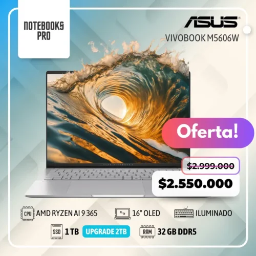 ASUS VIVOBOOK M5606W - AMD RYZEN AI 9 365 - SSD 1TB - 32 GB RAM DDR5 - 16" OLED  - Teclado retroiluminado - 10 núcleos