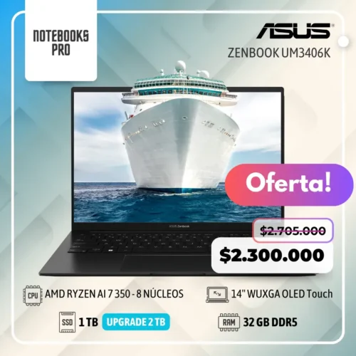 ASUS ZENBOOK UM3406K - AMD RYZEN AI 7 350  - SSD 1 TB - 32 RAM DDR5 - 14'' WUXGA OLED Touch - 8 Núcleos - Teclado retroiluminado
