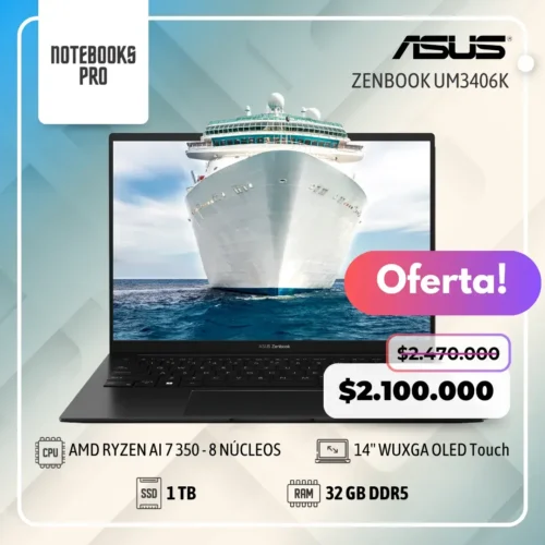 ASUS ZENBOOK UM3406K - AMD RYZEN AI 7 350  - SSD 1 TB - 32 RAM DDR5 - 14'' WUXGA OLED Touch - 8 Núcleos - Teclado retroiluminado