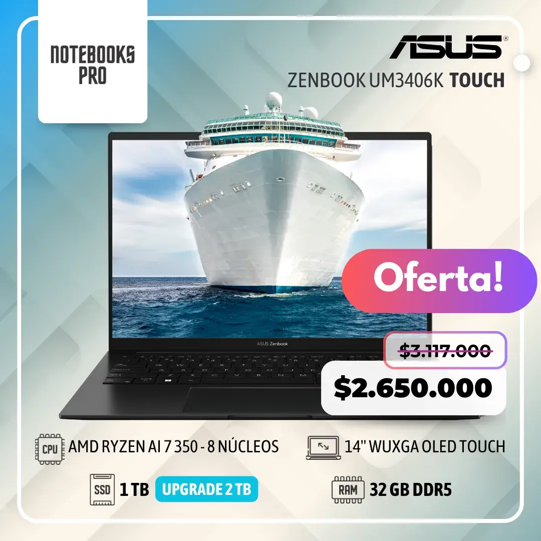 ASUS ZENBOOK UM3406K - AMD RYZEN AI 7 350 - SSD 1 TB - 32 RAM DDR5 - 14'' WUXGA OLED Touch - 8 Núcleos - Teclado retroiluminado