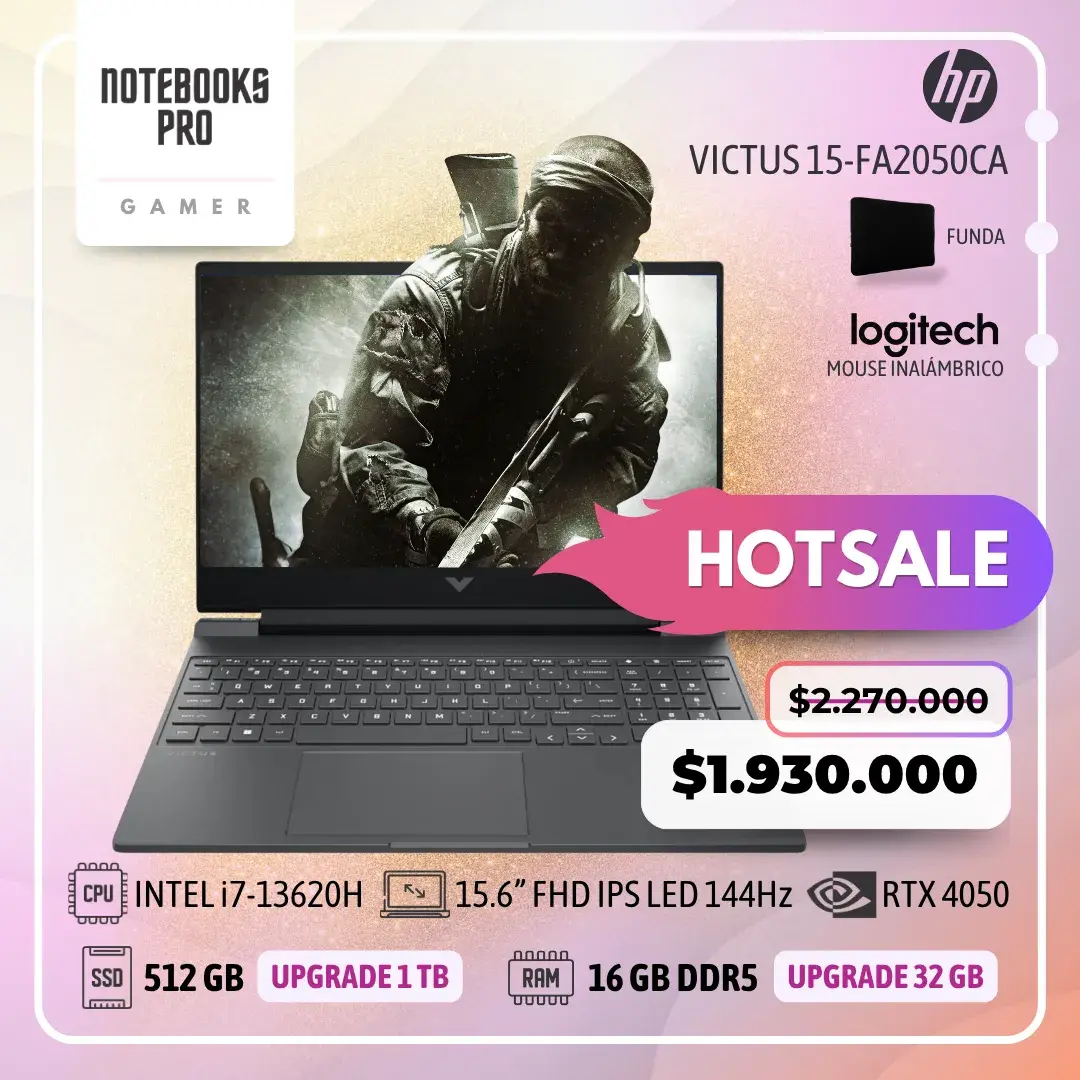 HP VICTUS 15-FA2050CA - I7-13620H - SSD 512 GB - 16 GB RAM DDR5 - 15.6” FHD IPS LED 144Hz - RTX 4050 - Teclado retroiluminado - 10 núcleos