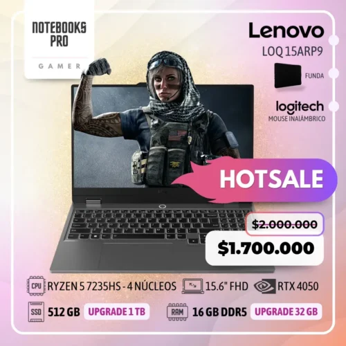 LENOVO LOQ 15ARP9 - RYZEN 5 7235HS - SSD 512 GB - 16 GB RAM DDR5 - 15.6" FHD  - RTX 4050 - Teclado retroiluminado - 4 núcleos