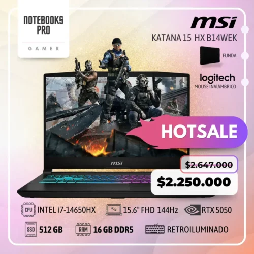 MSI KATANA 15  HX B14WEK - i7-14650HX - SSD 512 GB - 16 GB RAM DDR5 - RTX 5050 - 15.6" FHD  144Hz - Teclado Retroiluminado