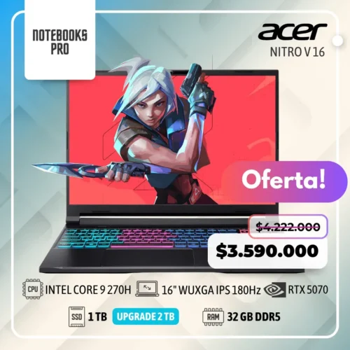 ACER NITRO V 16 - INTEL CORE 9 270H - SSD 1 TB - 32 GB RAM DDR5 - 16" WUXGA IPS 180Hz - RTX 5070 - 14 Núcleos