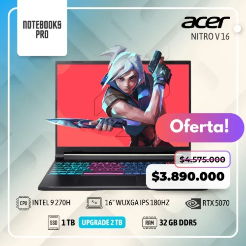 ACER NITRO V 16 - INTEL CORE 9 270H - SSD 1 TB - 32 GB RAM DDR5 - 16" WUXGA IPS 180Hz - RTX 5070 - 14 Núcleos