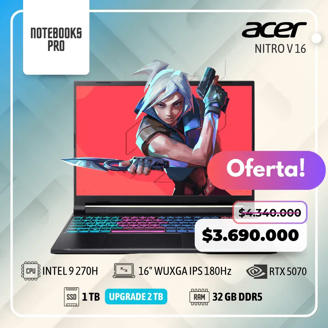 ACER NITRO V 16 - INTEL CORE 9 270H - SSD 1 TB - 32 GB RAM DDR5 - 16" WUXGA IPS 180Hz - RTX 5070 - 14 Núcleos