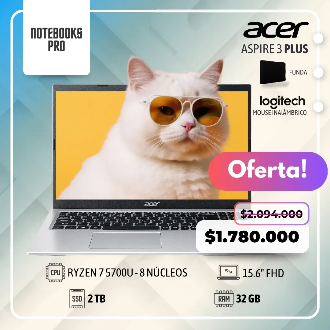 ACER ASPIRE 3 PLUS - RYZEN 7 5700U - SSD 2 TB - 32 GB RAM - 15.6" FHD - 8 núcleos