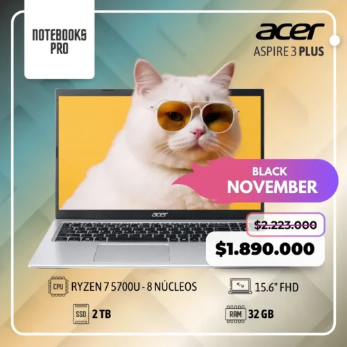 ACER ASPIRE 3 PLUS - RYZEN 7 5700U - SSD 2 TB - 32 GB RAM - 15.6" FHD - 8 núcleos