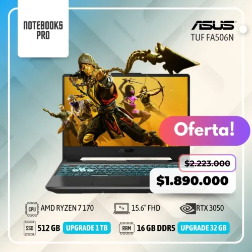 ASUS TUF FA506N – AMD RYZEN 7 170 – SSD 512 GB – 16 GB RAM DDR5 – 15.6″ FHD – RTX 3050-Teclado retroiluminado - 8 Núcleos