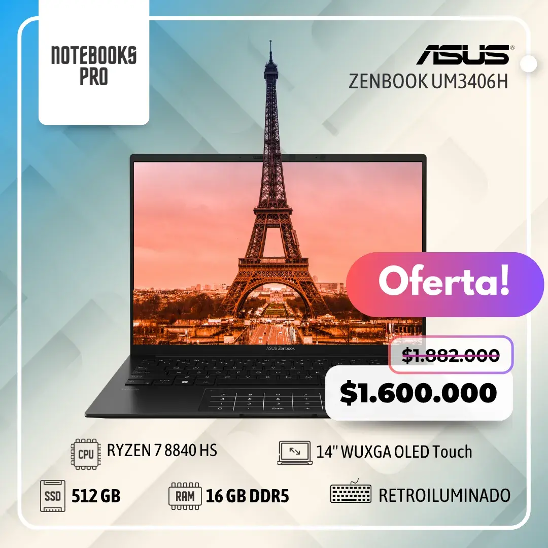 ASUS ZENBOOK UM3406H - RYZEN 7 8840 HS - SSD 512 GB - 16 RAM DDR5 - 14'' WUXGA OLED Touch - 8 Núcleos - Teclado retroiluminad