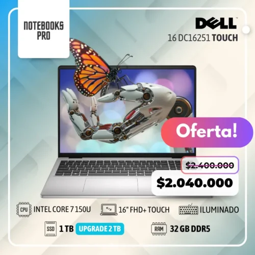 DELL 16 DC16251 - Intel Core 7 150U - SSD 1 TB - 32 GB RAM DDR5 - 16" FHD+ Touch - 10 Núcleos - Teclado retroiluminado
