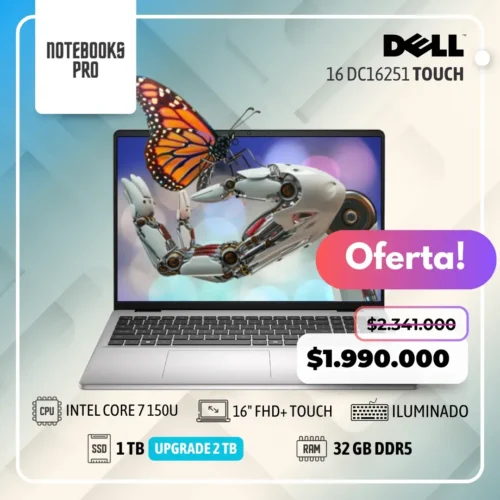DELL 16 DC16251 - Intel Core 7 150U - SSD 1 TB - 32 GB RAM DDR5 - 16" FHD+ Touch - 10 Núcleos - Teclado retroiluminado