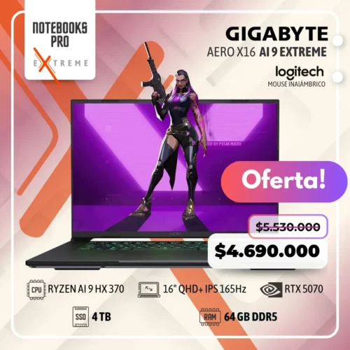 GIGABYTE AERO X16 EXTREME - RYZEN AI 9 HX 370 - SSD 4 TB - 64 GB RAM DDR5 - 16" QHD+ IPS 165Hz - RTX 5070 - Teclado Retroiluminado - 12 núcleos