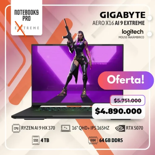 GIGABYTE AERO X16 EXTREME - RYZEN AI 9 HX 370 - SSD 4 TB - 64 GB RAM DDR5 - 16" QHD+ IPS 165Hz - RTX 5070 - Teclado Retroiluminado - 12 núcleos