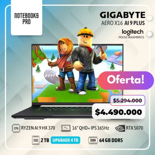 GIGABYTE AERO X16 PLUS - RYZEN AI 9 HX 370 - SSD 2 TB - 64 GB RAM DDR5 - 16" QHD+ IPS 165Hz - RTX 5070 - Teclado Retroiluminado - 12 núcleos