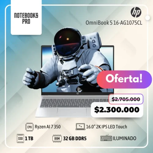 HP OmniBook 5 16-AG1075CL - Ryzen AI 7 350 - SSD 1 TB - 32 GB RAM DDR5 - 16.0” 2K IPS LED Touch - Teclado retroiluminado - 8 Núcleos