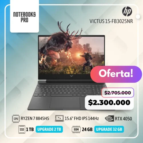 HP VICTUS 15-FB3025NR - RYZEN 7 8845HS - SSD 1 TB - 24 GB RAM DDR5 - 15.6" FHD IPS 144Hz - RTX 4050 - 8 núcleos - Teclado retroiluminado