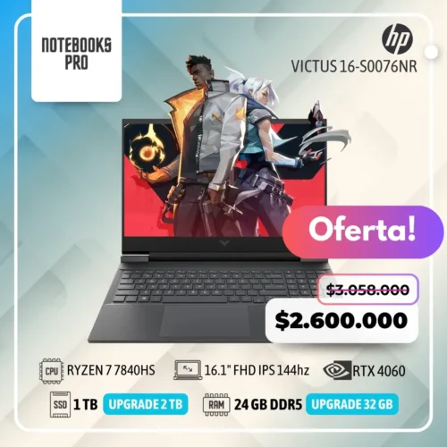HP VICTUS 16-S0076NR - RYZEN 7 7840HS - SSD 1TB - 24 GB RAM DDR5 - 16.1" FHD IPS 144hz - RTX 4060 - 8 núcleos