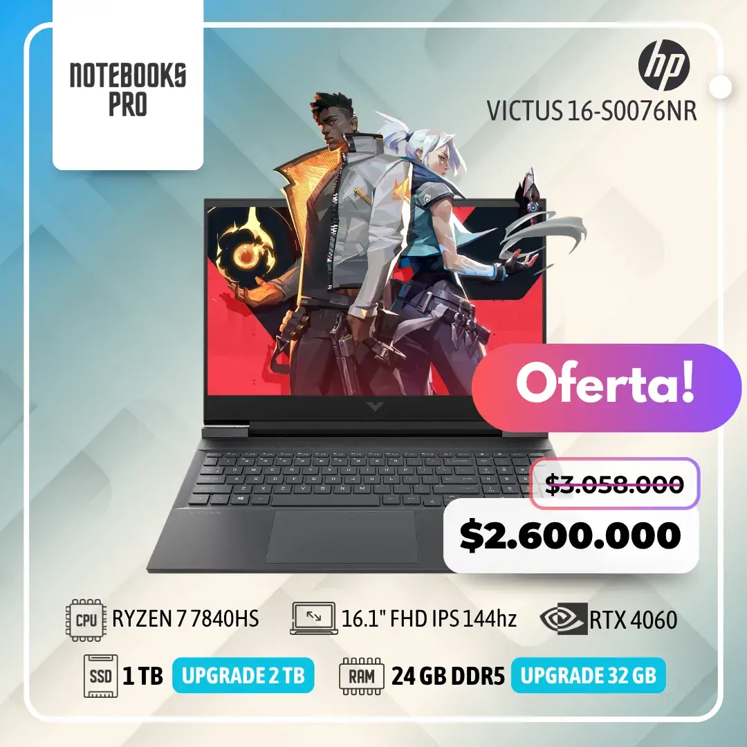HP VICTUS 16-S0076NR - RYZEN 7 7840HS - SSD 1TB - 24 GB RAM DDR5 - 16.1" FHD IPS 144hz - RTX 4060 - 8 núcleos