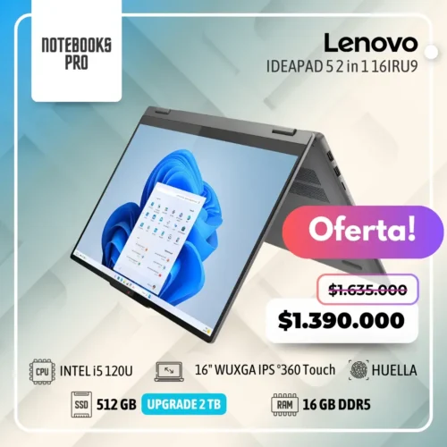LENOVO IDEAPAD 5 2 in 1 16IRU9 - INTEL CORE 5 120U - SSD 512 GB - 16 GB DDR5 - 16" WUXGA IPS °360 Touch - Teclado Retroiluminado - Lector de Huella - 10 Núcleos