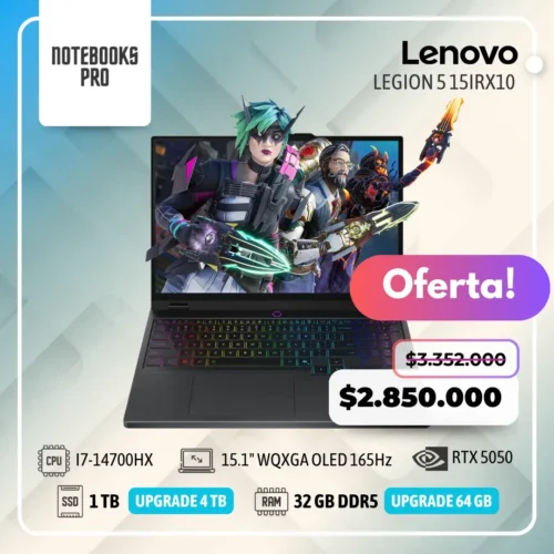 LENOVO LEGION 5 15IRX10 - i7-14700HX - SSD 1 TB - 32 GB RAM DDR5 - 15.1" WQXGA OLED 165Hz - RTX 5050 - Teclado retroiluminado - 20 Núcleos