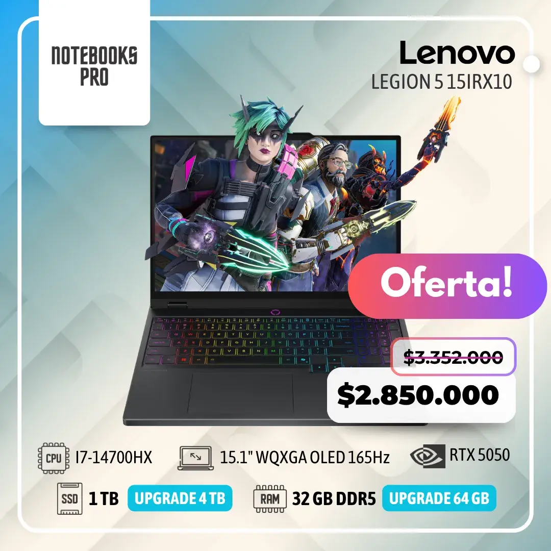 LENOVO LEGION 5 15IRX10 - i7-14700HX - SSD 1 TB - 32 GB RAM DDR5 - 15.1" WQXGA OLED 165Hz - RTX 5050 - Teclado retroiluminado - 20 Núcleos