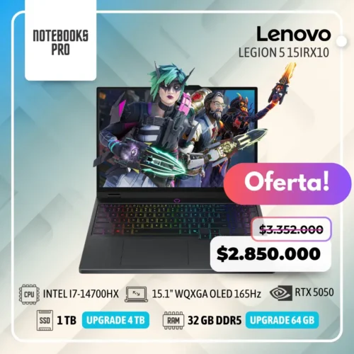 LENOVO LEGION 5 15IRX10 - i7-14700HX - SSD 1 TB - 32 GB RAM DDR5 - 15.1" WQXGA OLED 165Hz - RTX 5050 - Teclado retroiluminado - 20 Núcleos