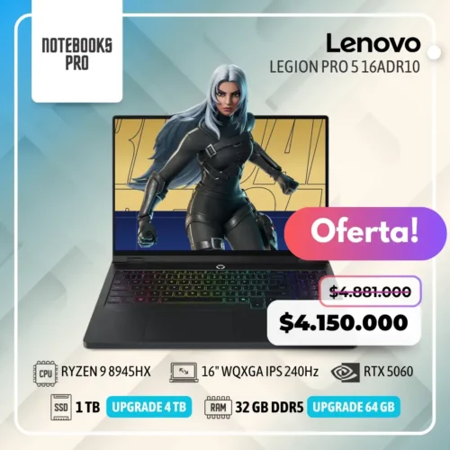 LENOVO LEGION PRO 5 16ADR10 - RYZEN 9 8945HX - SSD 1 TB - 32 GB RAM DDR5 - 16" WQXGA IPS 240Hz - RTX 5060 - Teclado Retroiluminado - 16 Núcleos