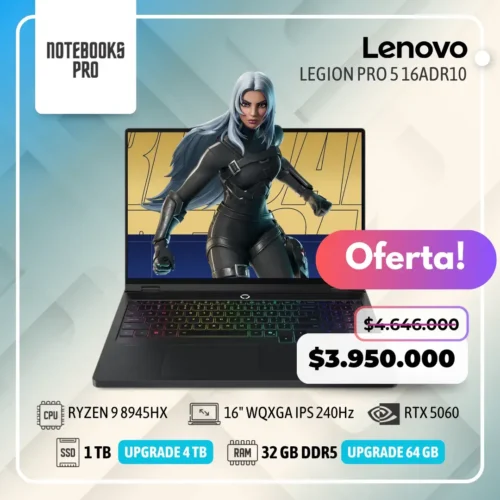 LENOVO LEGION PRO 5 16ADR10 - RYZEN 9 8945HX - SSD 1 TB - 32 GB RAM DDR5 - 16" WQXGA IPS 240Hz - RTX 5060 - Teclado Retroiluminado - 16 Núcleos