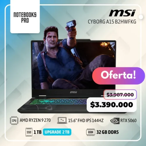 MSI CYBORG A15 B2HWFKG - AMD RYZEN 9 270 - SSD 1 TB - 32 GB RAM DDR5 - RTX 5060 - 15.6" FHD IPS 144Hz - Teclado Retroiluminado - 8 Núcleos
