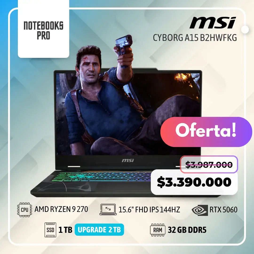 MSI CYBORG A15 B2HWFKG - AMD RYZEN 9 270 - SSD 1 TB - 32 GB RAM DDR5 - RTX 5060 - 15.6" FHD IPS 144Hz - Teclado Retroiluminado - 8 Núcleos