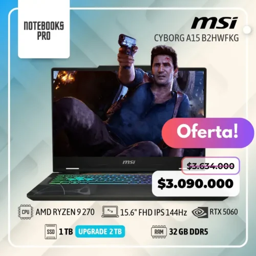MSI CYBORG A15 B2HWFKG - AMD RYZEN 9 270 - SSD 1 TB - 32 GB RAM DDR5 - RTX 5060 - 15.6" FHD IPS 144Hz - Teclado Retroiluminado - 8 Núcleos