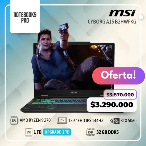 MSI CYBORG A15 B2HWFKG - AMD RYZEN 9 270 - SSD 1 TB - 32 GB RAM DDR5 - RTX 5060 - 15.6" FHD IPS 144Hz - Teclado Retroiluminado - 8 Núcleos