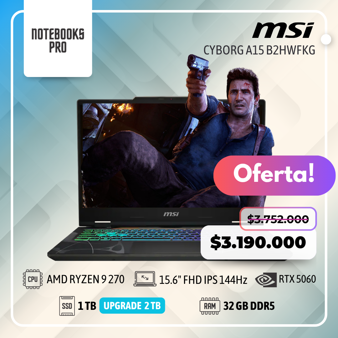 MSI CYBORG A15 B2HWFKG - AMD RYZEN 9 270 - SSD 1 TB - 32 GB RAM DDR5 - RTX 5060 - 15.6" FHD IPS 144Hz - Teclado Retroiluminado - 8 Núcleos