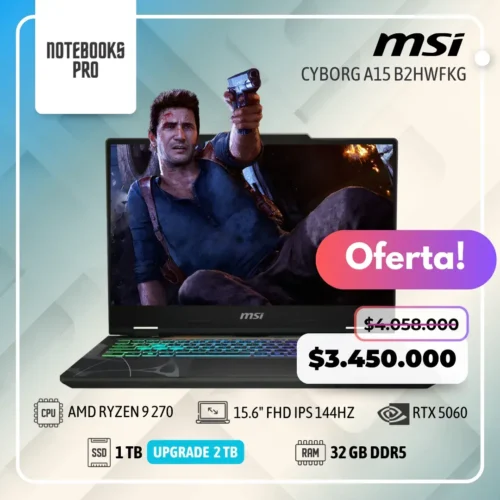 MSI CYBORG A15 B2HWFKG - AMD RYZEN 9 270 - SSD 1 TB - 32 GB RAM DDR5 - RTX 5060 - 15.6" FHD IPS 144Hz - Teclado Retroiluminado - 8 Núcleos