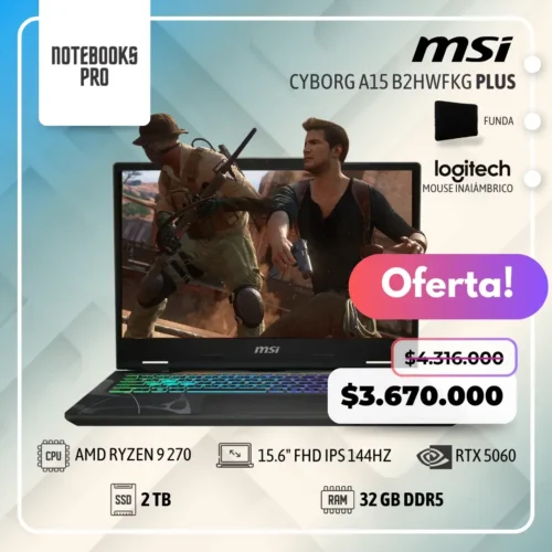 MSI CYBORG A15 B2HWFKG PLUS - AMD RYZEN 9 270 - SSD 2 TB - 32 GB RAM DDR5 - RTX 5060 - 15.6" FHD IPS 144Hz - Teclado Retroiluminado - 8 Núcleos
