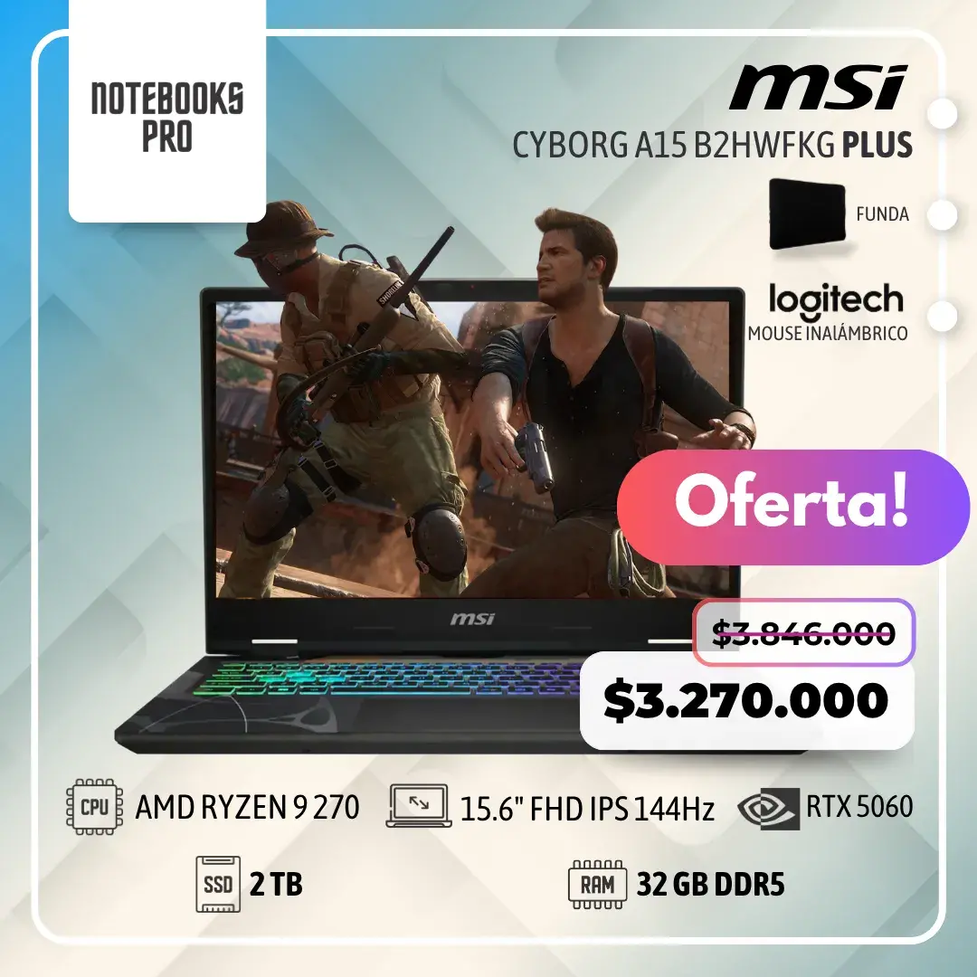 MSI CYBORG A15 B2HWFKG PLUS - AMD RYZEN 9 270 - SSD 2 TB - 32 GB RAM DDR5 - RTX 5060 - 15.6" FHD IPS 144Hz - Teclado Retroiluminado - 8 Núcleos