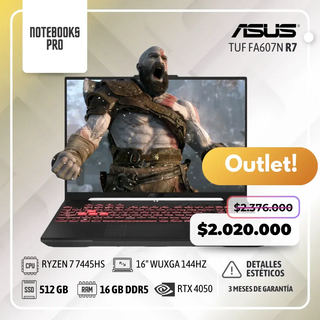 (OUTLET)ASUS TUF FA607N - RYZEN 7 7445HS - SSD 512 GB - 16 GB RAM DDR5 - 16" WUXGA 144HZ - RTX 4050 - Teclado retroiluminado - 6 Núcleos