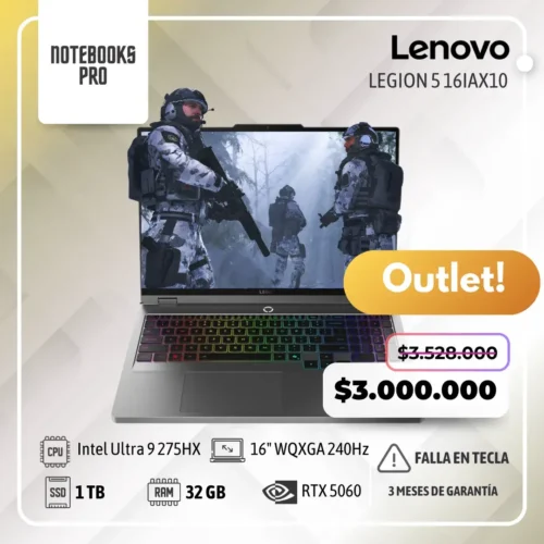 (OUTLET)LENOVO LEGION 5 16IAX10 – Intel Core Ultra 9 275HX – SSD 1 TB – 32 GB RAM DDR5 – RTX 5060 – 16″ WQXGA IPS 240Hz – Teclado Retroiluminado – 24 Núcleos