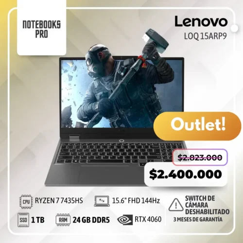 (OUTLET) LENOVO LOQ 15ARP9 - RYZEN 7 7435HS - SSD 1 TB - 24 GB RAM DDR5 - 15.6" FHD 144hz - RTX 4060 - Teclado retroiluminado - 8 núcleos