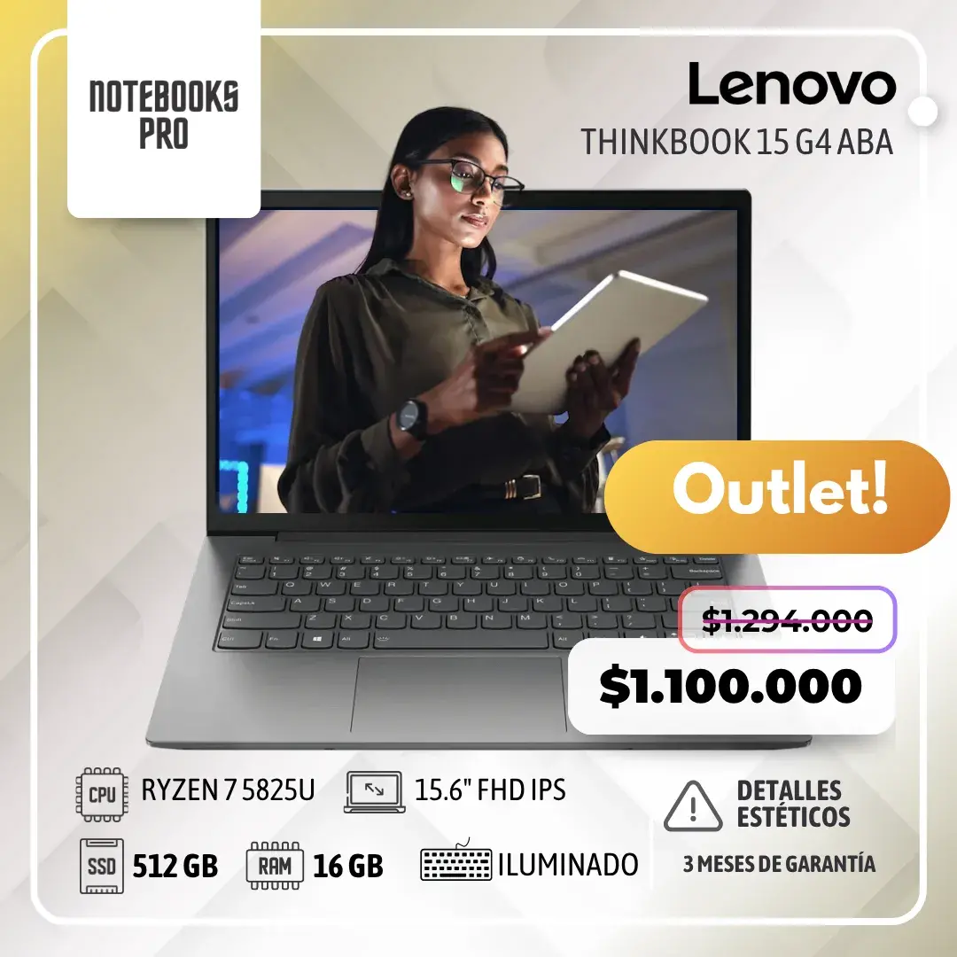 LENOVO THINKBOOK 15 G4 ABA - RYZEN 7 5825U - SSD 512 GB - 16 GB RAM - 15.6" FHD IPS - Teclado retroiluminado - Lector de huella - 8 núcleos