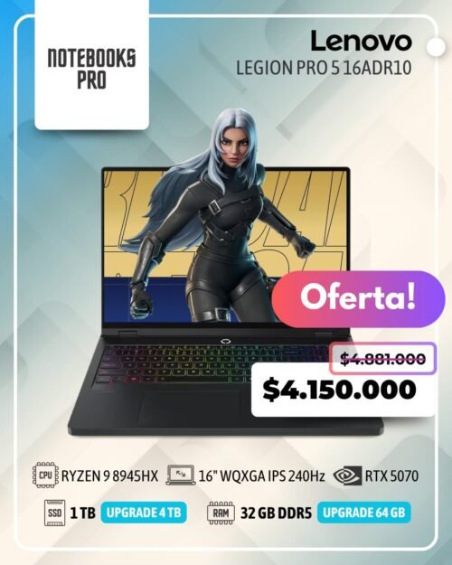 LENOVO LEGION PRO 5 16ADR10 - RYZEN 9 8945HX - SSD 1 TB - 32 GB RAM DDR5 - 16" WQXGA IPS 240Hz - RTX 5060 - Teclado Retroiluminado - 16 Núcleos