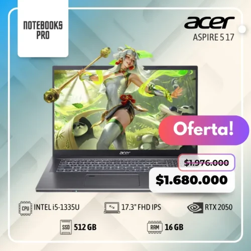 ACER ASPIRE 5 17 - i5-1335U - SSD 512 GB - 16 GB RAM - 17.3" FHD IPS - RTX 2050 - 10 núcleos