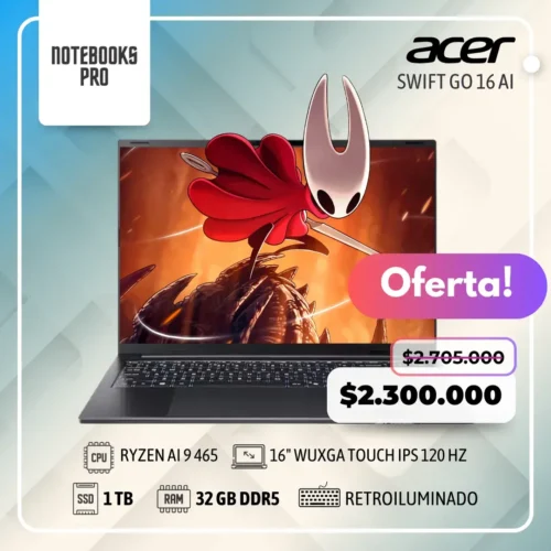 ACER SWIFT GO 16 AI - AMD RYZEN AI 9 465  - SSD 1 TB - 32 GB RAM DDR5 - 16" WUXGA Touch IPS 120 HZ - Teclado retroiluminado - 10 Núcleos