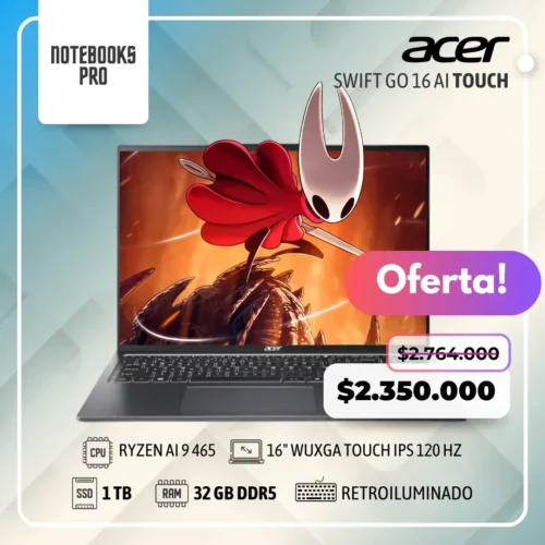 ACER SWIFT GO 16 AI - AMD RYZEN AI 9 465  - SSD 1 TB - 32 GB RAM DDR5 - 16" WUXGA Touch IPS 120 HZ - Teclado retroiluminado - 10 Núcleos