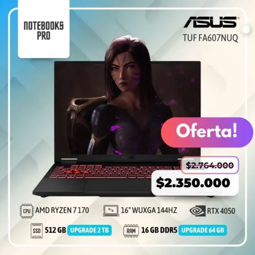 ASUS TUF FA607NUQ - AMD RYZEN 7 170 - SSD 512 GB - 16 GB RAM DDR5 - 16" WUXGA 144HZ - RTX 4050 - Teclado retroiluminado - 8 Núcleos