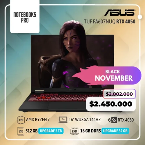 ASUS TUF FA607NUQ - AMD RYZEN 7  - SSD 512 GB - 16 GB RAM DDR5 - 16" WUXGA 144HZ - RTX 4050 - Teclado retroiluminado - 8 Núcleos