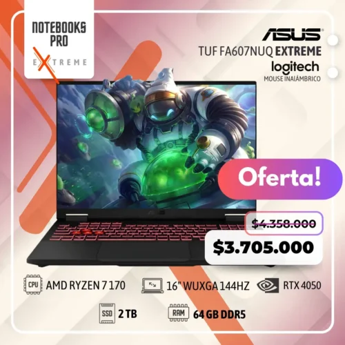 ASUS TUF FA607NUQ EXTREME - AMD RYZEN 7 170 - SSD 2 TB - 64 GB RAM DDR5 - 16" WUXGA 144HZ - RTX 4050 - Teclado retroiluminado - 8 Núcleos