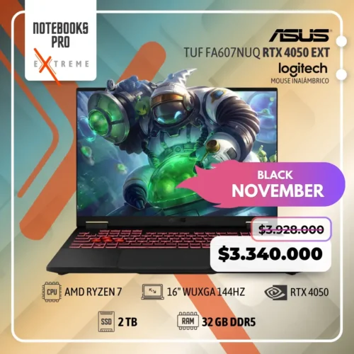 ASUS TUF FA607NUQ EXTREME - AMD RYZEN 7 170 - SSD 2 TB - 32 GB RAM DDR5 - 16" WUXGA 144HZ - RTX 4050 - Teclado retroiluminado - 8 Núcleos