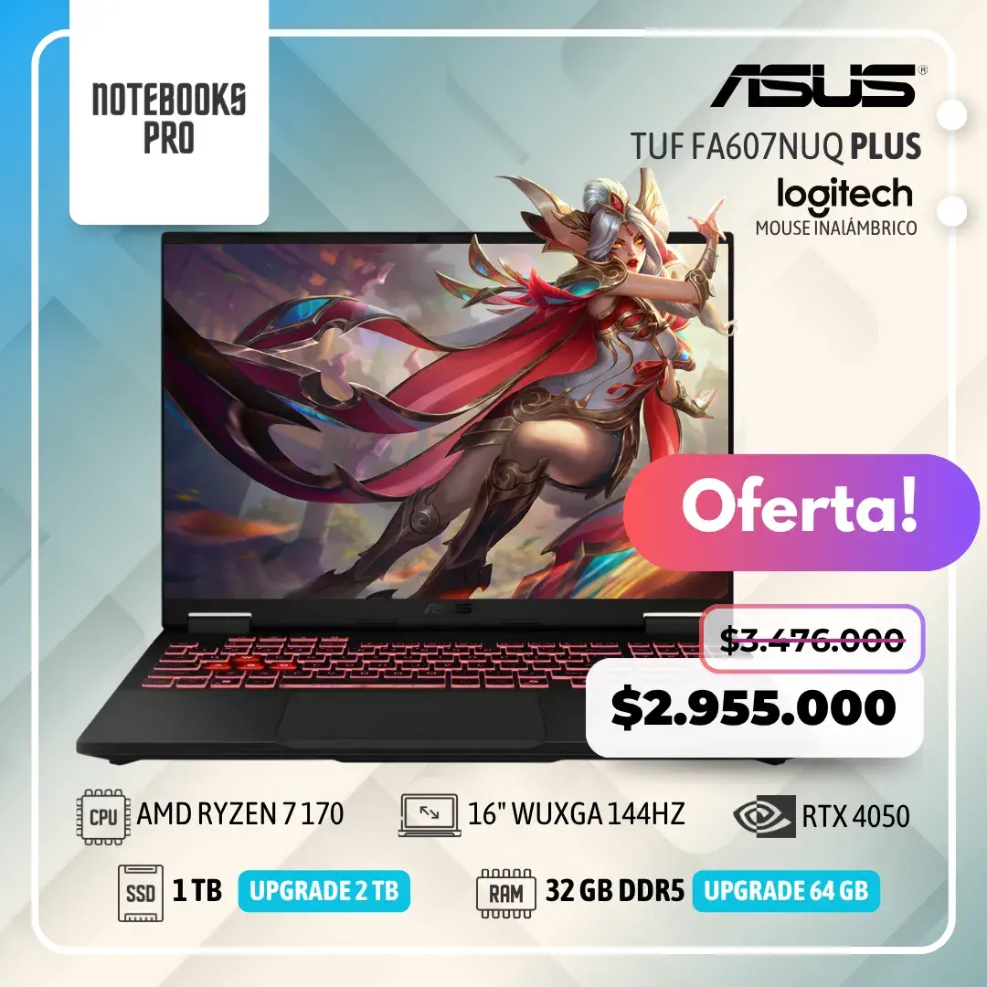 ASUS TUF FA607NUQ PLUS - AMD RYZEN 7 170 - SSD 1 TB - 32 GB RAM DDR5 - 16" WUXGA 144HZ - RTX 4050 - Teclado retroiluminado - 8 Núcleos